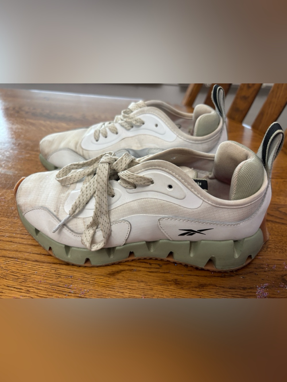 Reebok Women’s White and Olive Green Zig-Tech Sneakers